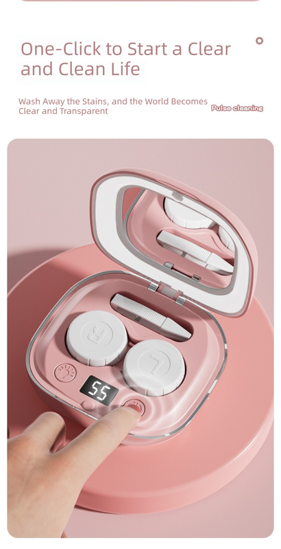 Pink Portable Sonic Wave Contact Lens Cleaner with LED Makeup Mirror - Automatic Electric Lens Cleaning Case for Daily Use - Image 4