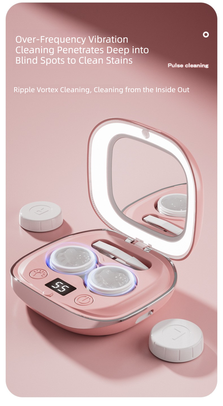 Grey Portable Sonic Wave Contact Lens Cleaner with LED Makeup Mirror - Automatic Electric Lens Cleaning Case for Daily Use - Image 2