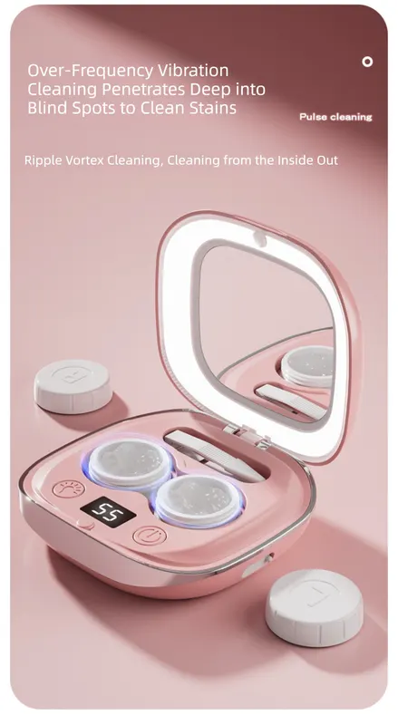 Purple Portable Sonic Wave Contact Lens Cleaner with LED Makeup Mirror - Automatic Electric Lens Cleaning Case for Daily Use - Image 2