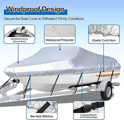 Grey Heavy Duty Waterproof Tarp Covers with Storage Bag, Fits V-Hull, Fish&Ski, Pro-Style, Fishing, Runabout, Bass Boats, 14-16FT(530cm*290cm) - Image 2