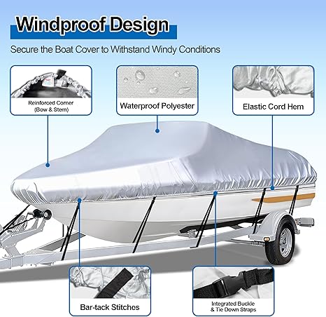 Grey Heavy Duty Waterproof Tarp Covers with Storage Bag, Fits V-Hull, Fish&Ski, Pro-Style, Fishing, Runabout, Bass Boats, 17-19FT(600cm*310cm) - Image 2