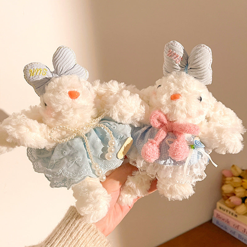 Pink Cute Floppy Eared Bunny Plush Doll with Pearl Necklace and Ribbon Dress - Adorable Keychain or Bag Charm for Girls(F-4975) - Image 2