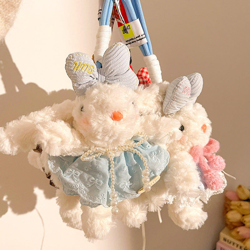 Blue and Pink Cute Floppy Eared Bunny Plush Doll with Pearl Necklace and Ribbon Dress - Adorable Keychain or Bag Charm for Girls(F-4976) - Image 3