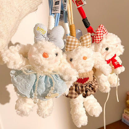 Blue and Pink Cute Floppy Eared Bunny Plush Doll with Pearl Necklace and Ribbon Dress - Adorable Keychain or Bag Charm for Girls(F-4976) - Image 4