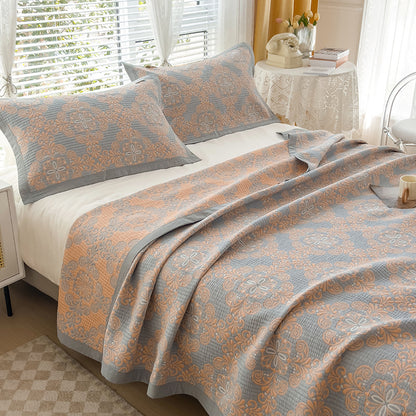 Grey and Orange Cotton Three-Layer Gauze Bed Cover Set - Reversible Vintage Printed Blanket with Two Pillowcases for Year-Round Use(120*150cm) - Image 2