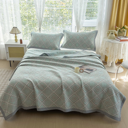 Grey and Green Cotton Three-Layer Gauze Bed Cover Set - Reversible Vintage Printed Blanket with Two Pillowcases for Year-Round Use(120*150cm)