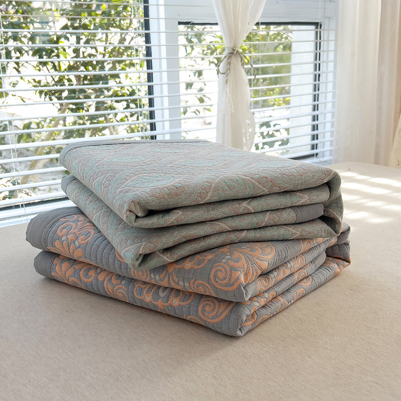 Grey and Green Cotton Three-Layer Gauze Bed Cover Set - Reversible Vintage Printed Blanket with Two Pillowcases for Year-Round Use(120*150cm) - Image 2