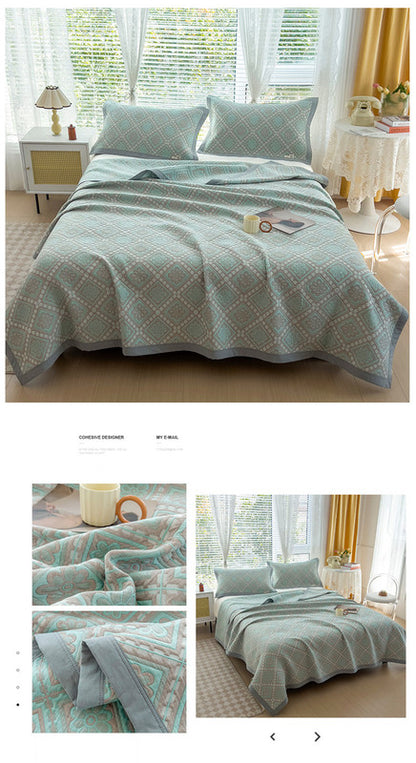 Grey and Green Cotton Three-Layer Gauze Bed Cover Set - Reversible Vintage Printed Blanket with Two Pillowcases for Year-Round Use(120*150cm) - Image 3