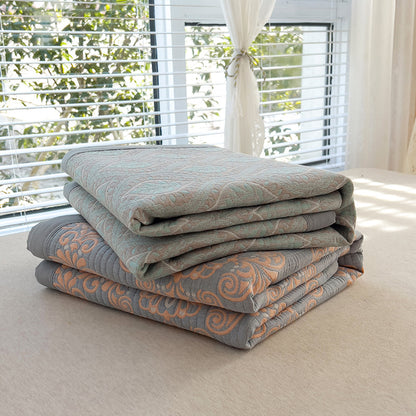 Grey and Green Cotton Three-Layer Gauze Bed Cover Set - Reversible Vintage Printed Blanket with Two Pillowcases for Year-Round Use(200*230cm) - Image 2
