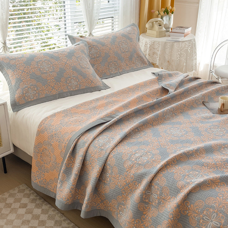 Grey and Pink Cotton Three-Layer Gauze Bed Cover Set - Reversible Vintage Printed Blanket with Two Pillowcases for Year-Round Use(120*150cm) - Image 4