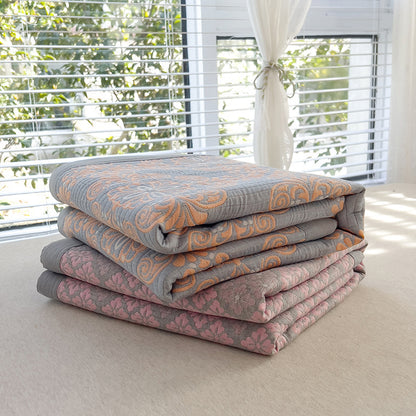 Grey and Pink Cotton Three-Layer Gauze Bed Cover Set - Reversible Vintage Printed Blanket with Two Pillowcases for Year-Round Use(150*200cm) - Image 2