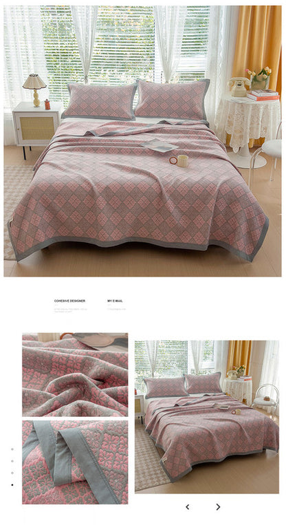 Grey and Pink Cotton Three-Layer Gauze Bed Cover Set - Reversible Vintage Printed Blanket with Two Pillowcases for Year-Round Use(200*230cm) - Image 3