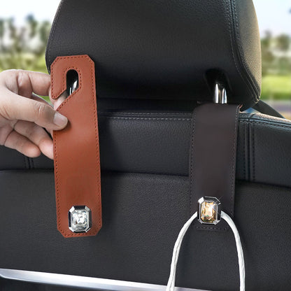 Brown Car Multi-Functional PU Leather Hook with Crystal Decoration – Hidden Storage Hook for Front and Rear Seats (Set of 2) - Image 2
