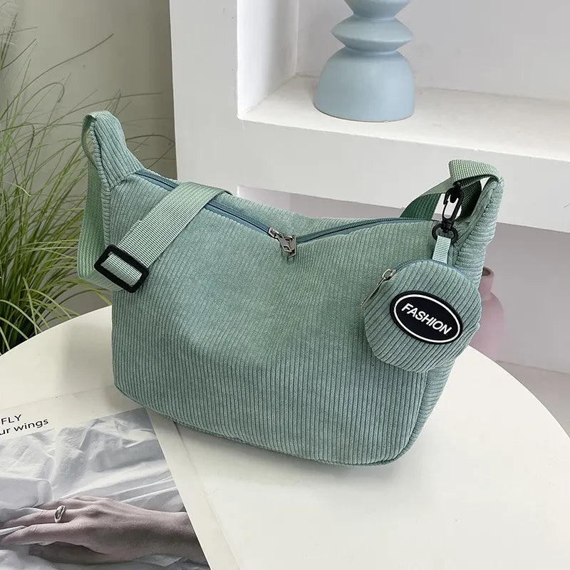 Green Minimalist Corduroy Crossbody Bag – Large Capacity Single Shoulder & Diagonal Sling Bag in Korean Style
