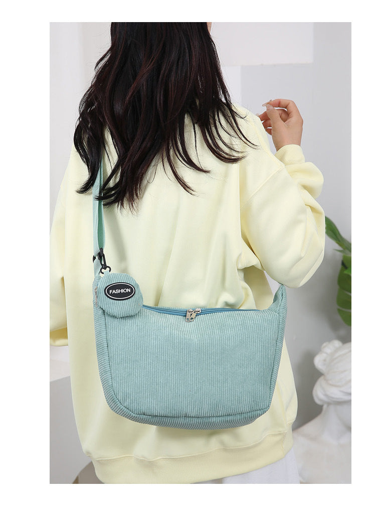 Green Minimalist Corduroy Crossbody Bag – Large Capacity Single Shoulder & Diagonal Sling Bag in Korean Style - Image 2