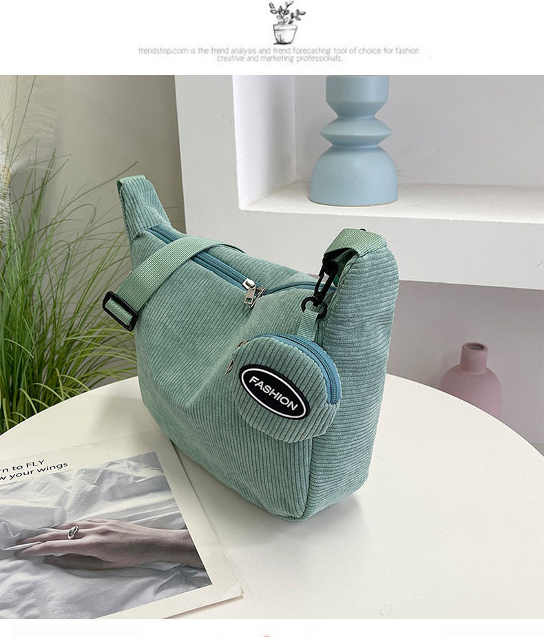 Green Minimalist Corduroy Crossbody Bag – Large Capacity Single Shoulder & Diagonal Sling Bag in Korean Style - Image 4
