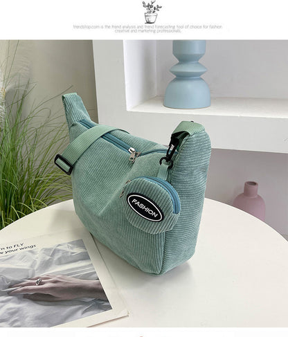 Green Minimalist Corduroy Crossbody Bag – Large Capacity Single Shoulder & Diagonal Sling Bag in Korean Style - Image 4