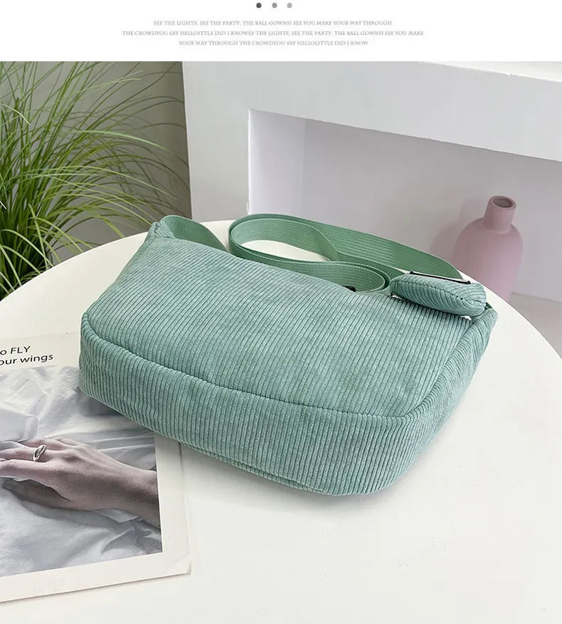 Green Minimalist Corduroy Crossbody Bag – Large Capacity Single Shoulder & Diagonal Sling Bag in Korean Style - Image 5