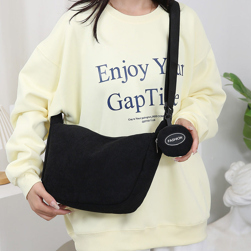 Black Minimalist Corduroy Crossbody Bag – Large Capacity Single Shoulder & Diagonal Sling Bag in Korean Style - Image 2