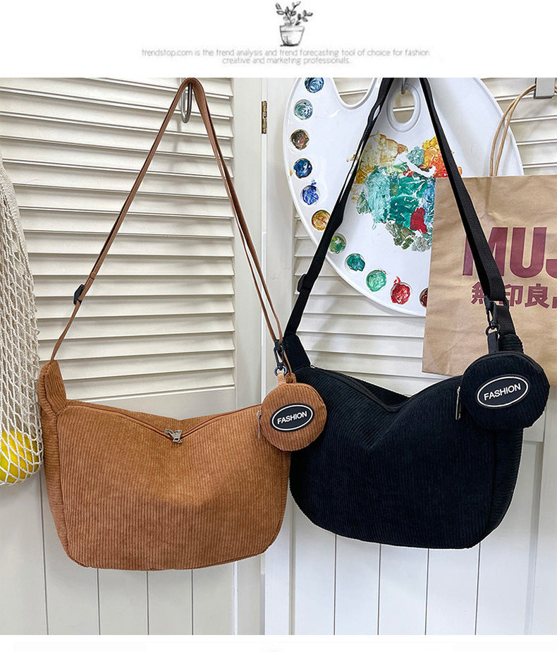 Brown Minimalist Corduroy Crossbody Bag – Large Capacity Single Shoulder & Diagonal Sling Bag in Korean Style - Image 3