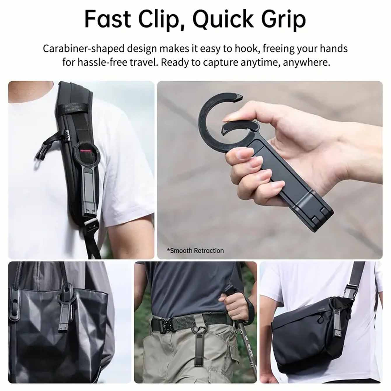 Silver Magnetic Phone Stand with Foldable Tripod & Carabiner Hook – Multi-Functional, Portable Smartphone Holder for Outdoor Use - Image 2