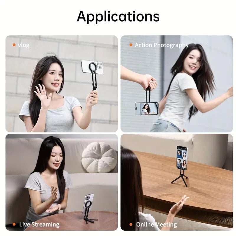 Silver Magnetic Phone Stand with Foldable Tripod & Carabiner Hook – Multi-Functional, Portable Smartphone Holder for Outdoor Use - Image 3