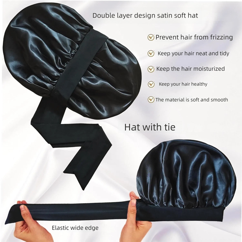 2 Pcs Pink Double-Layer Satin Hair Cap with Ribbon Bow – Premium Silk-Like Beauty & Hair Protection Hat - Image 3
