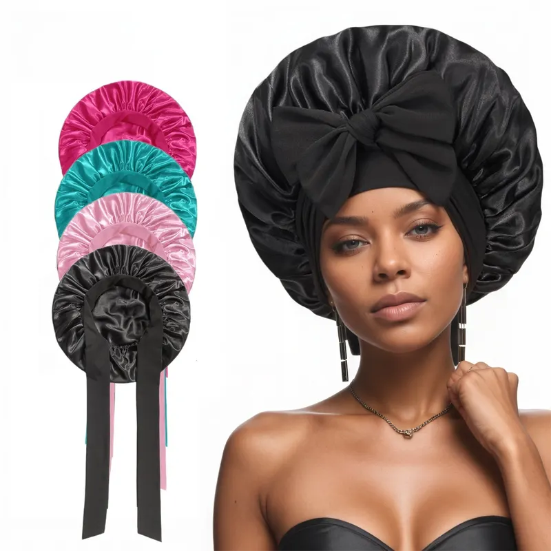 2 Pcs Dark Pink Double-Layer Satin Hair Cap with Ribbon Bow – Premium Silk-Like Beauty & Hair Protection Hat - Image 2
