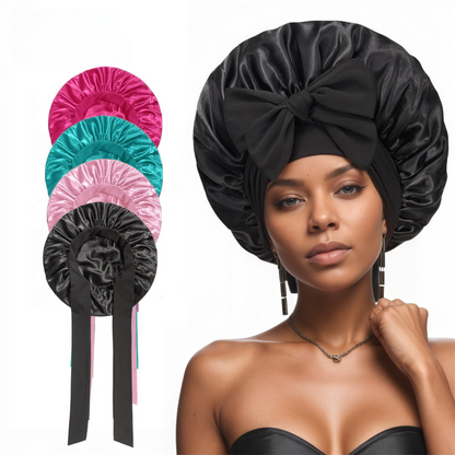 2 Pcs Lake Blue Double-Layer Satin Hair Cap with Ribbon Bow – Premium Silk-Like Beauty & Hair Protection Hat - Image 2