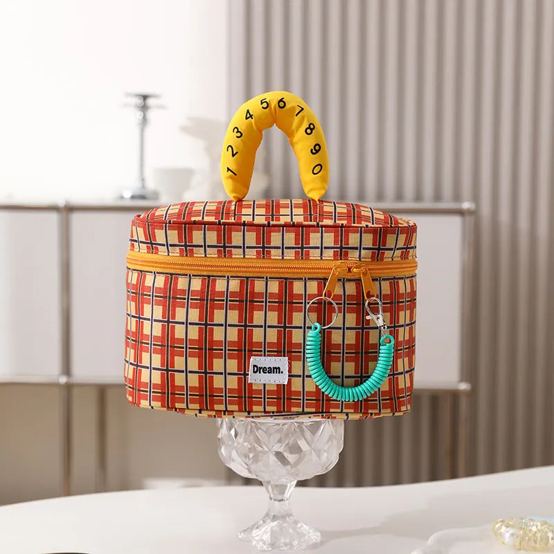 Orange plaid Portable Makeup Bag – Large Capacity, Multi-Compartment Cosmetic Organizer for Women (22×13×15cm)