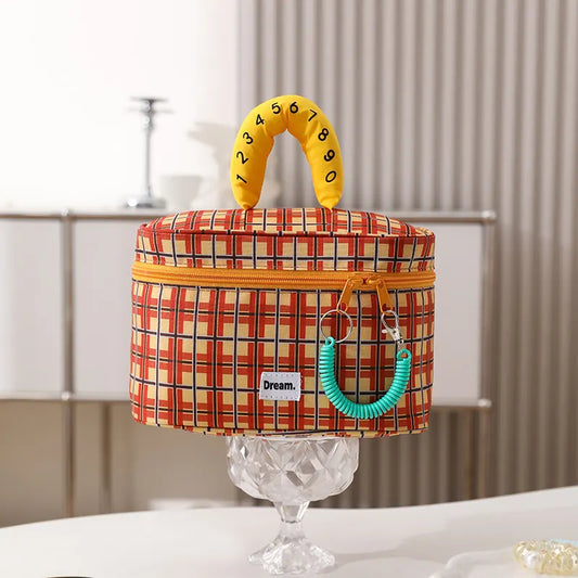 Orange plaid Portable Makeup Bag – Large Capacity, Multi-Compartment Cosmetic Organizer for Women (22×13×15cm)