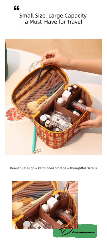 Orange plaid Portable Makeup Bag – Large Capacity, Multi-Compartment Cosmetic Organizer for Women (22×13×15cm) - Image 4