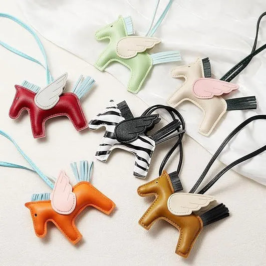 Beige PU Leather Pegasus Keychain – Cute Flying Horse Pendant with Wings and Rope, 3-Pack - Image 2