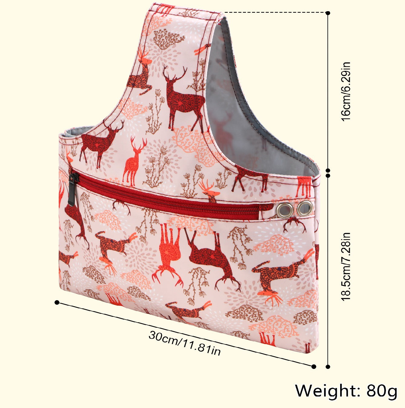 Pink Knitting Storage Tote Bag – Deer Pattern Craft Organizer with Zippered Pockets - Image 2
