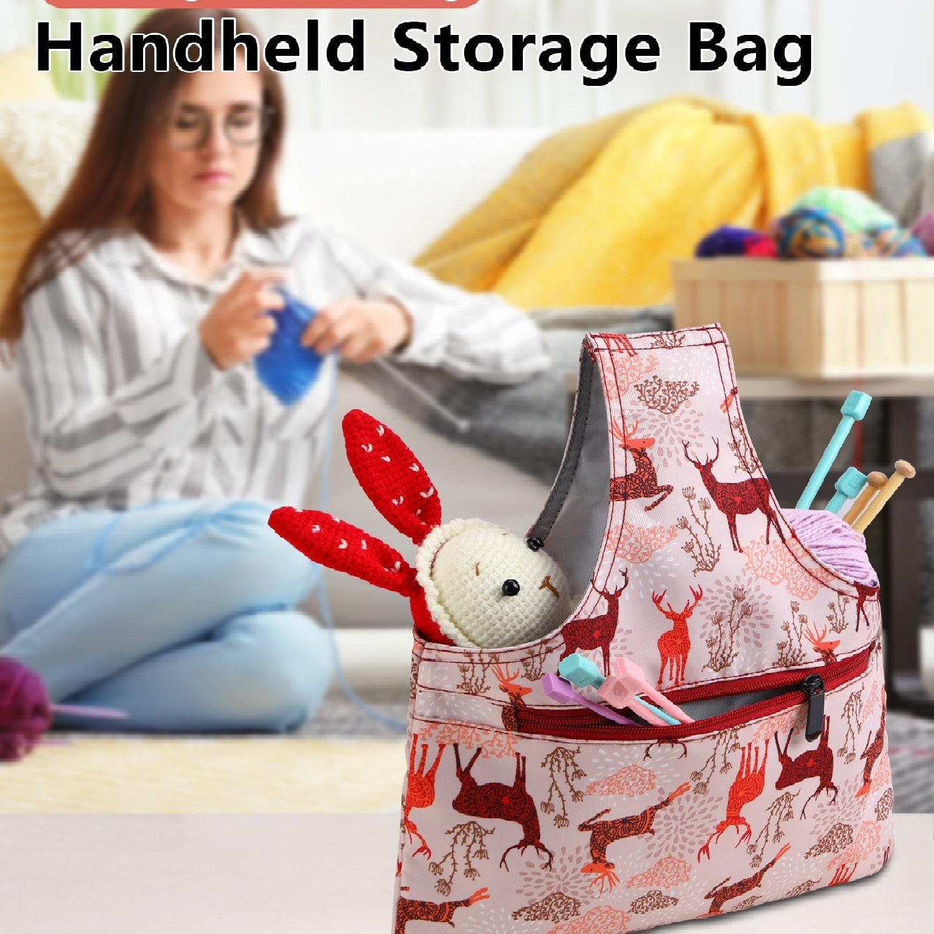 Colourful Knitting Storage Tote Bag – Colorful Geometric Triangles Craft Organizer with Zippered Pockets - Image 2