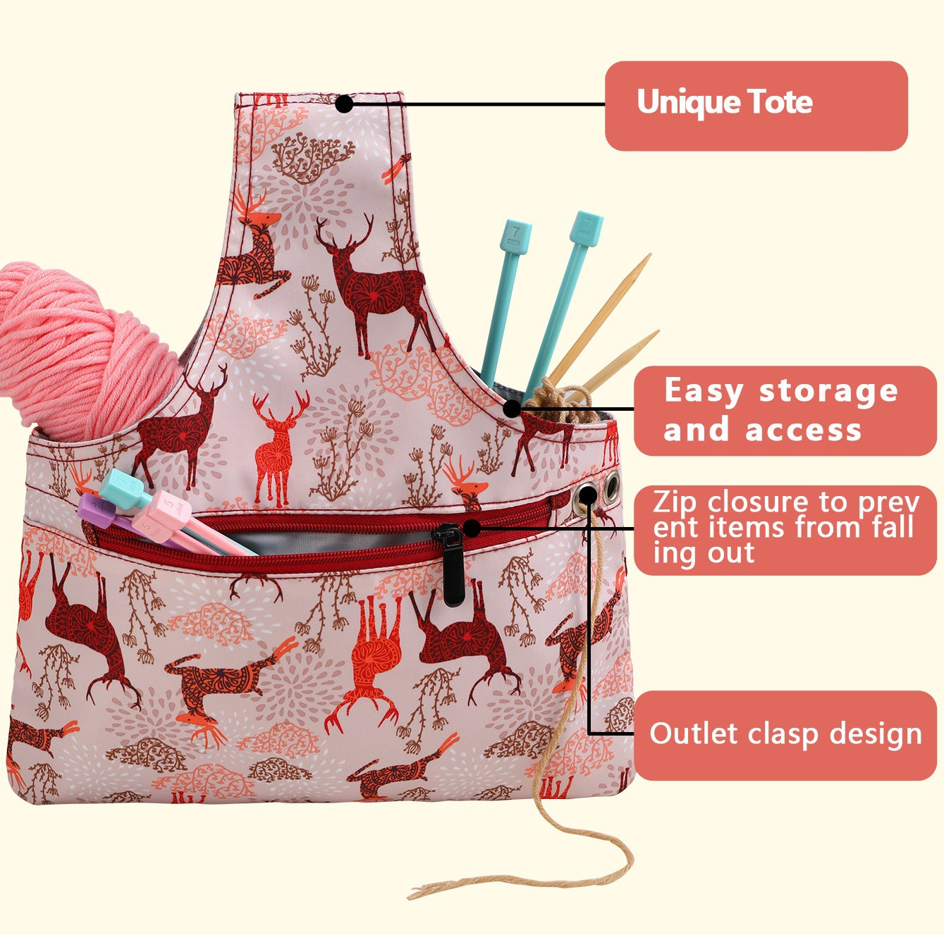 Colourful Knitting Storage Tote Bag – Colorful Geometric Triangles Craft Organizer with Zippered Pockets - Image 4