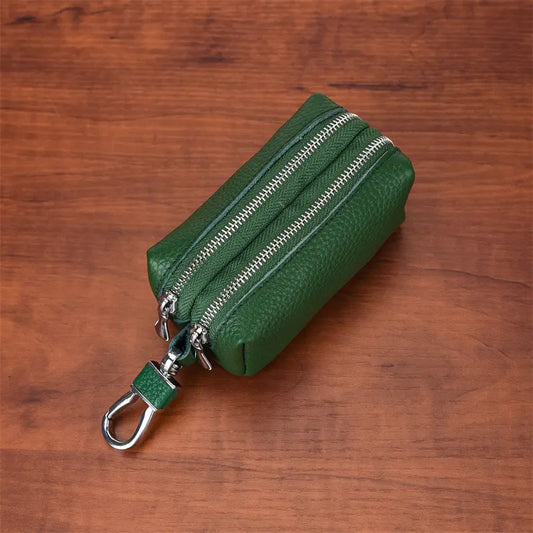 Green High-Quality Genuine Leather Key Case – Double-Layer Zippered Organizer for Keys, Cards & Coins
