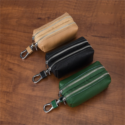 Green High-Quality Genuine Leather Key Case – Double-Layer Zippered Organizer for Keys, Cards & Coins - Image 2