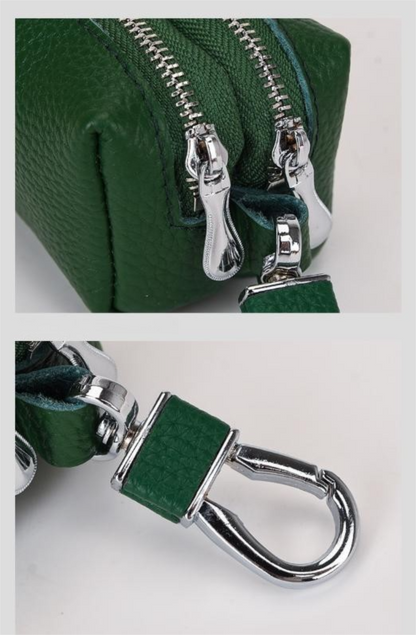 Khaki High-Quality Genuine Leather Key Case – Double-Layer Zippered Organizer for Keys, Cards & Coins - Image 3