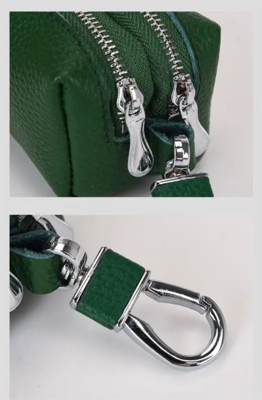 Khaki High-Quality Genuine Leather Key Case – Double-Layer Zippered Organizer for Keys, Cards & Coins - Image 3