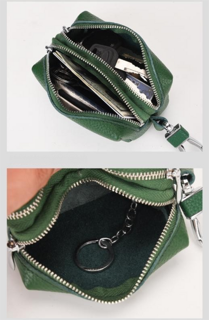 Khaki High-Quality Genuine Leather Key Case – Double-Layer Zippered Organizer for Keys, Cards & Coins - Image 4