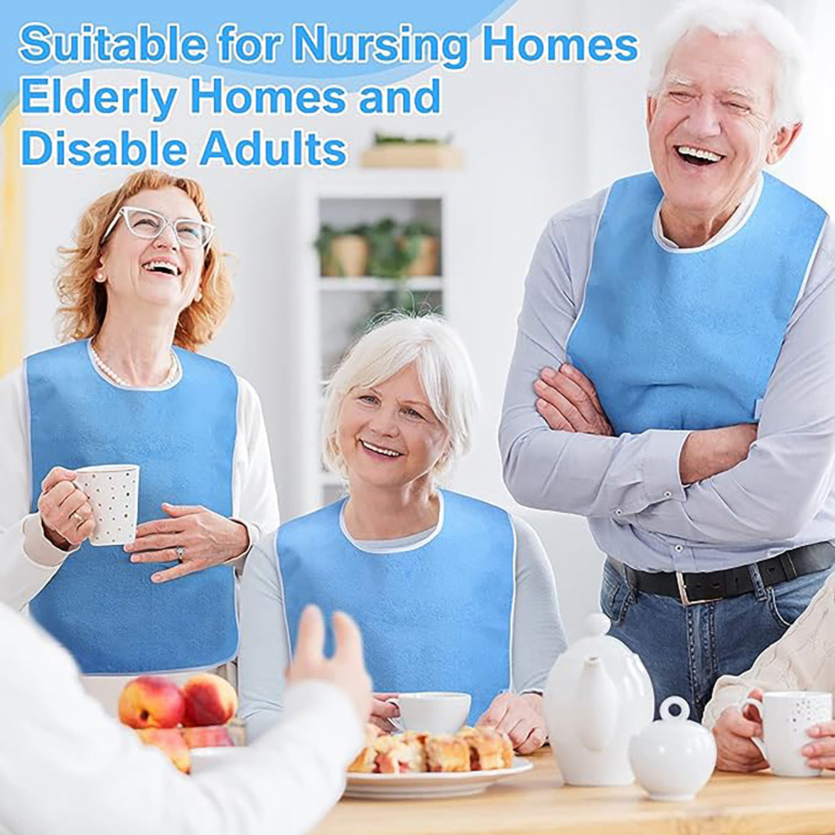 Blue Anti-Stain Feeding Apron with Pocket – Adjustable Care Bib for Elderly & Disabled Adults (2-Pack) - Image 2