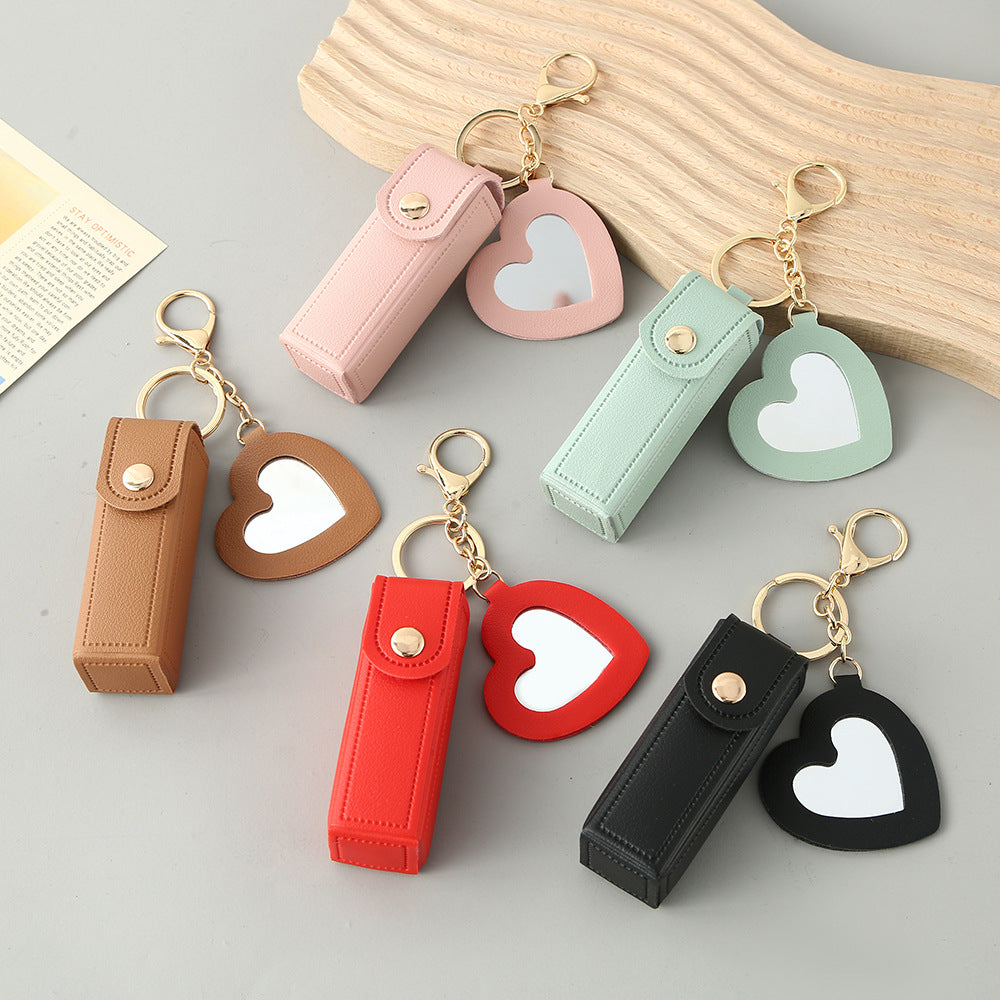 Red Portable Lipstick Case with Heart Mirror & Keychain – Cute PU Leather Holder (3-Pack) - Image 2