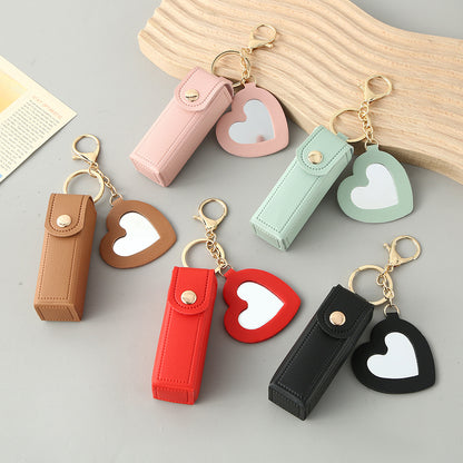 Red Portable Lipstick Case with Heart Mirror & Keychain – Cute PU Leather Holder (3-Pack) - Image 2