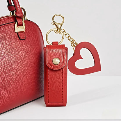 Red Portable Lipstick Case with Heart Mirror & Keychain – Cute PU Leather Holder (3-Pack) - Image 3