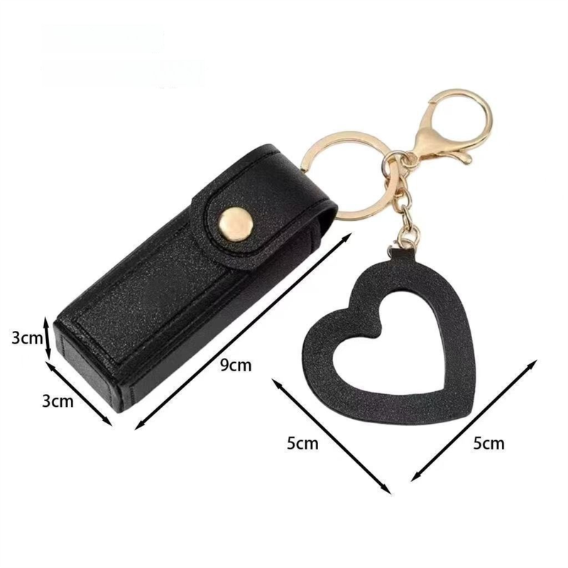 Black Portable Lipstick Case with Heart Mirror & Keychain – Cute PU Leather Holder (3-Pack) - Image 4