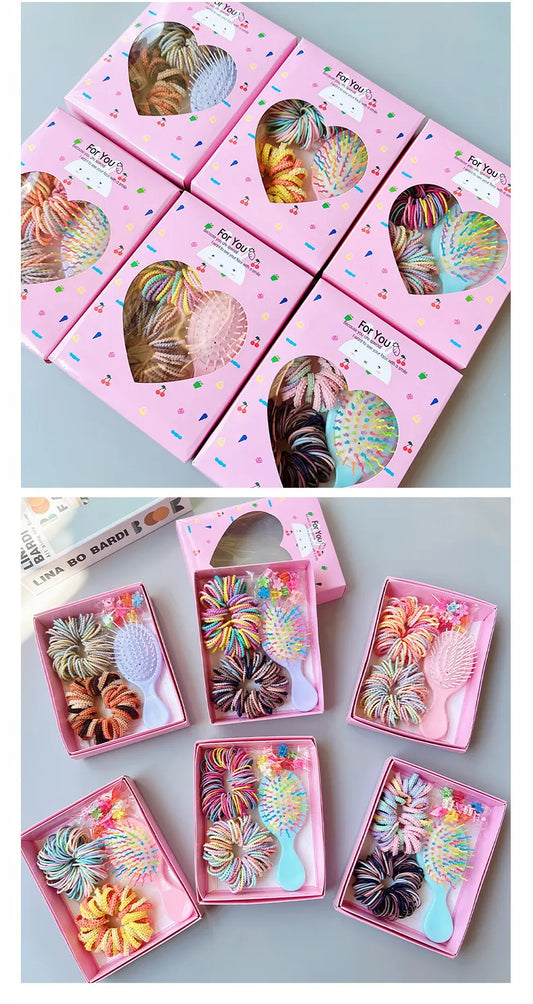 Style 4 Boxed Hair Tie Set with Pink Rubber Bands, Cute Hair Accessories & Mini Comb – Perfect Gift for Girls - Image 4