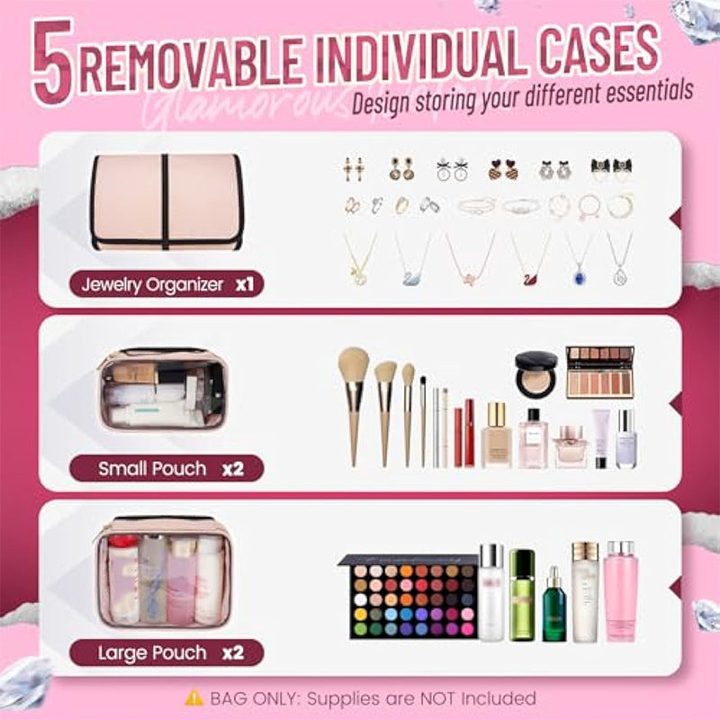 Large Capacity Travel Makeup Backpack with 5 Removable Organizer Cases & Jewelry Roll(pink) - Image 2
