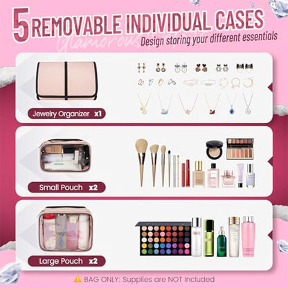 Large Capacity Travel Makeup Backpack with 5 Removable Organizer Cases & Jewelry Roll(pink) - Image 2
