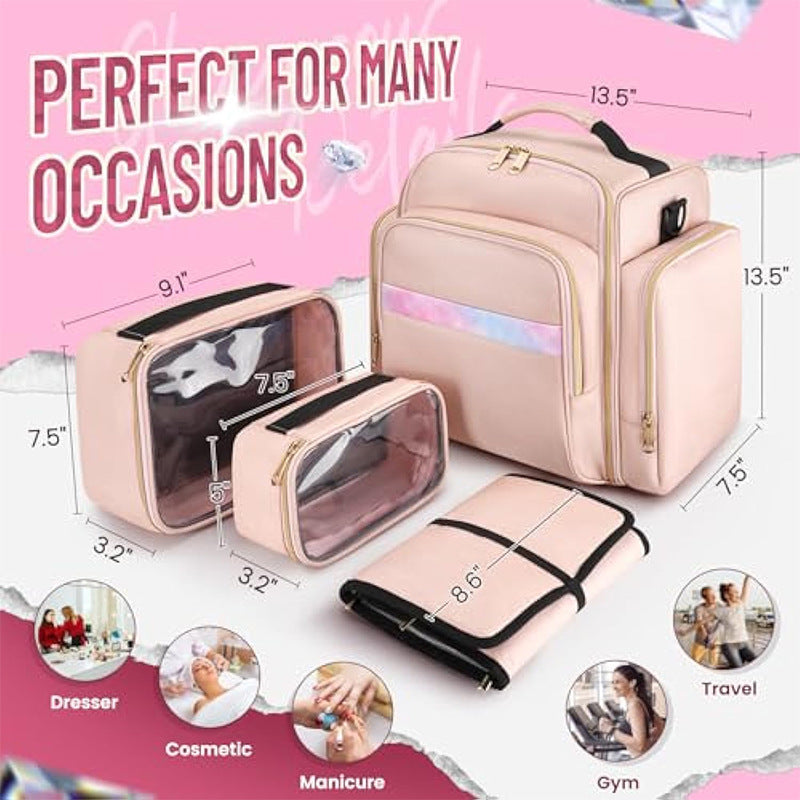 Large Capacity Travel Makeup Backpack with 5 Removable Organizer Cases & Jewelry Roll(pink) - Image 4